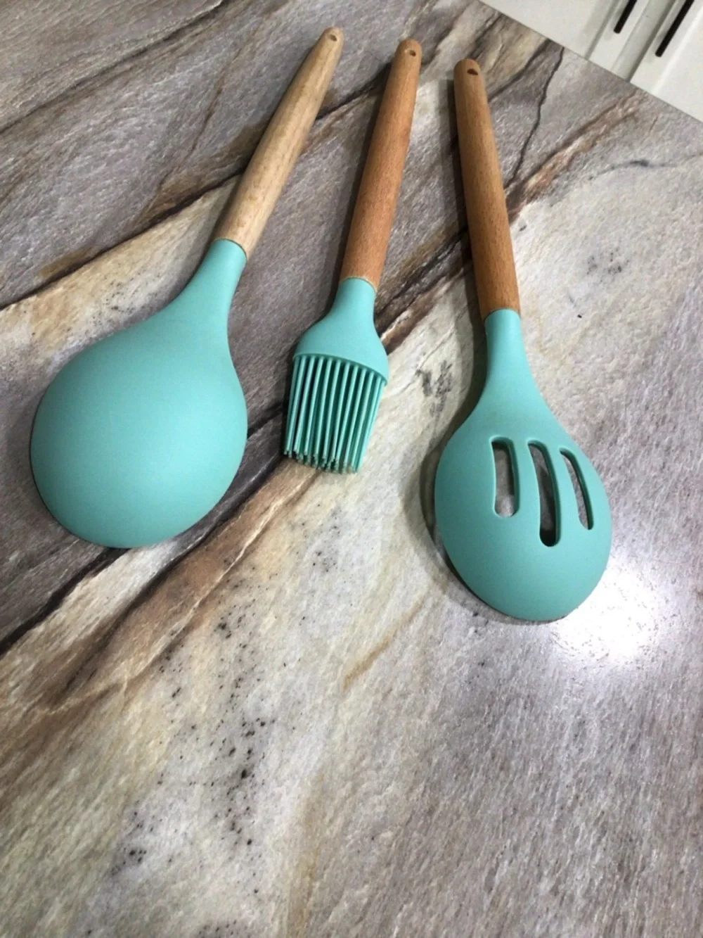 MIBOTE 3pc Silicone Kitchen Utensil Set Teal Wood Handle Spoon Brush BPA Free.
